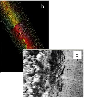 b)Multibeam image c)sidescan sonar data