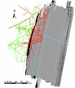 Survey area showing the light grey multibeam survey data overlying the black speckled sidescan sonar survey.